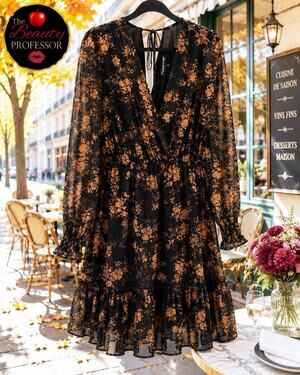 💞 Prettywear Black Brown Floral Chiffon Dress L Knee Length Lined Long Sleeve